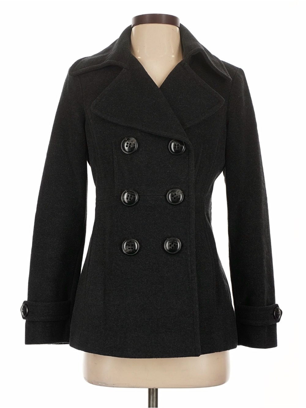 London Fog Black Double-Breasted Wool Blend Peacoat